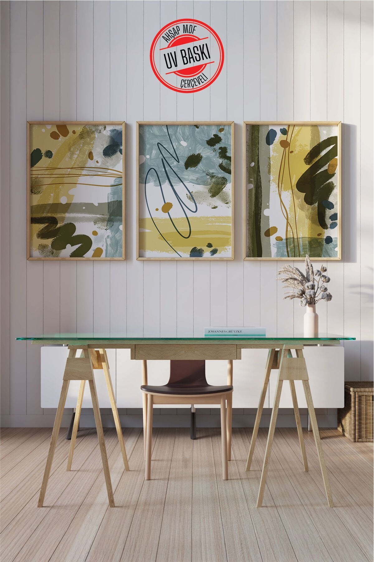 Dekoratif 3’lü  Ahşap Tablo Seti | UV Baskı Çerçeveli Duvar Tablosu V12 35x50 cm - Ahşap