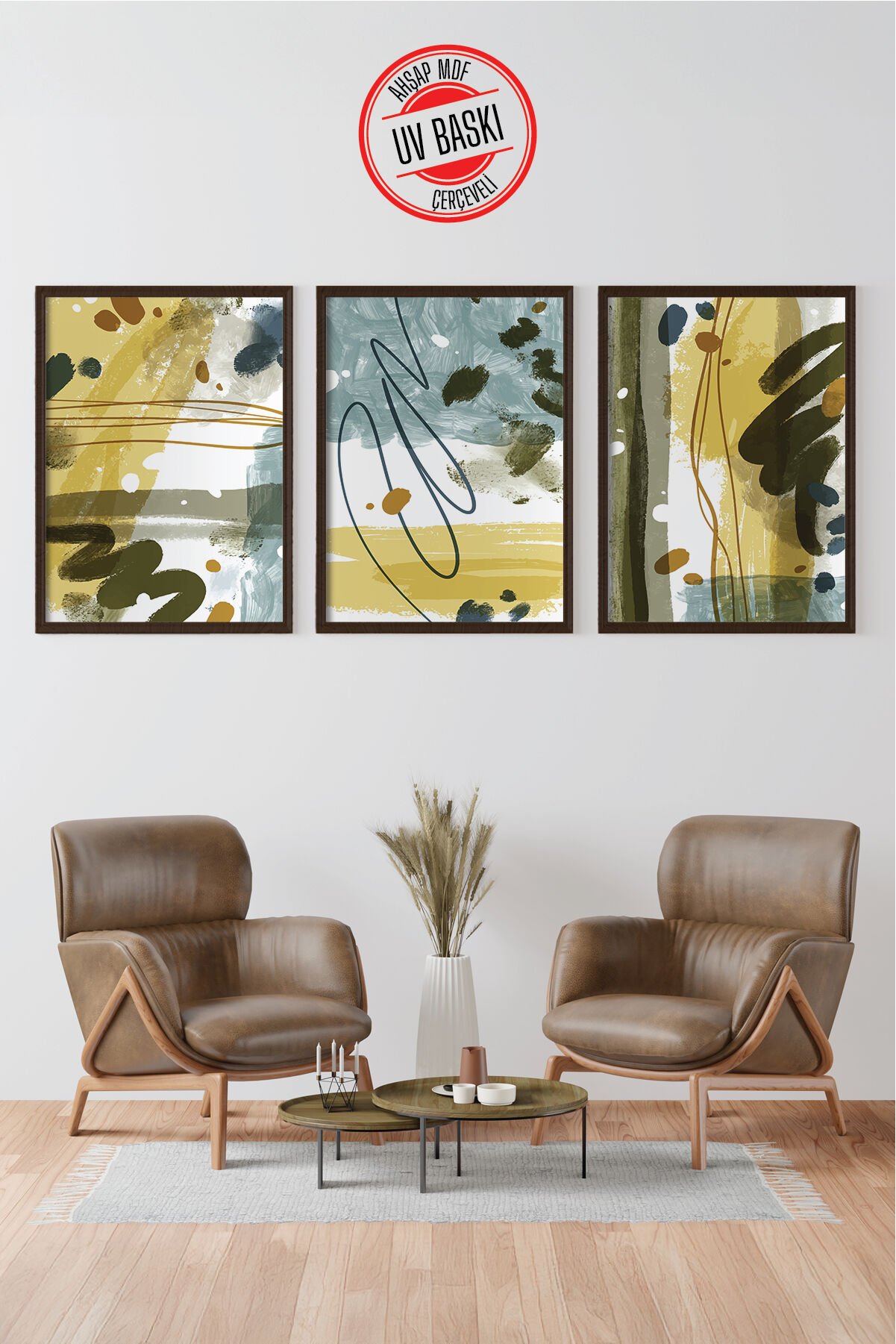 Dekoratif 3’lü  Ahşap Tablo Seti | UV Baskı Çerçeveli Duvar Tablosu V12 35x50 cm - Siyah