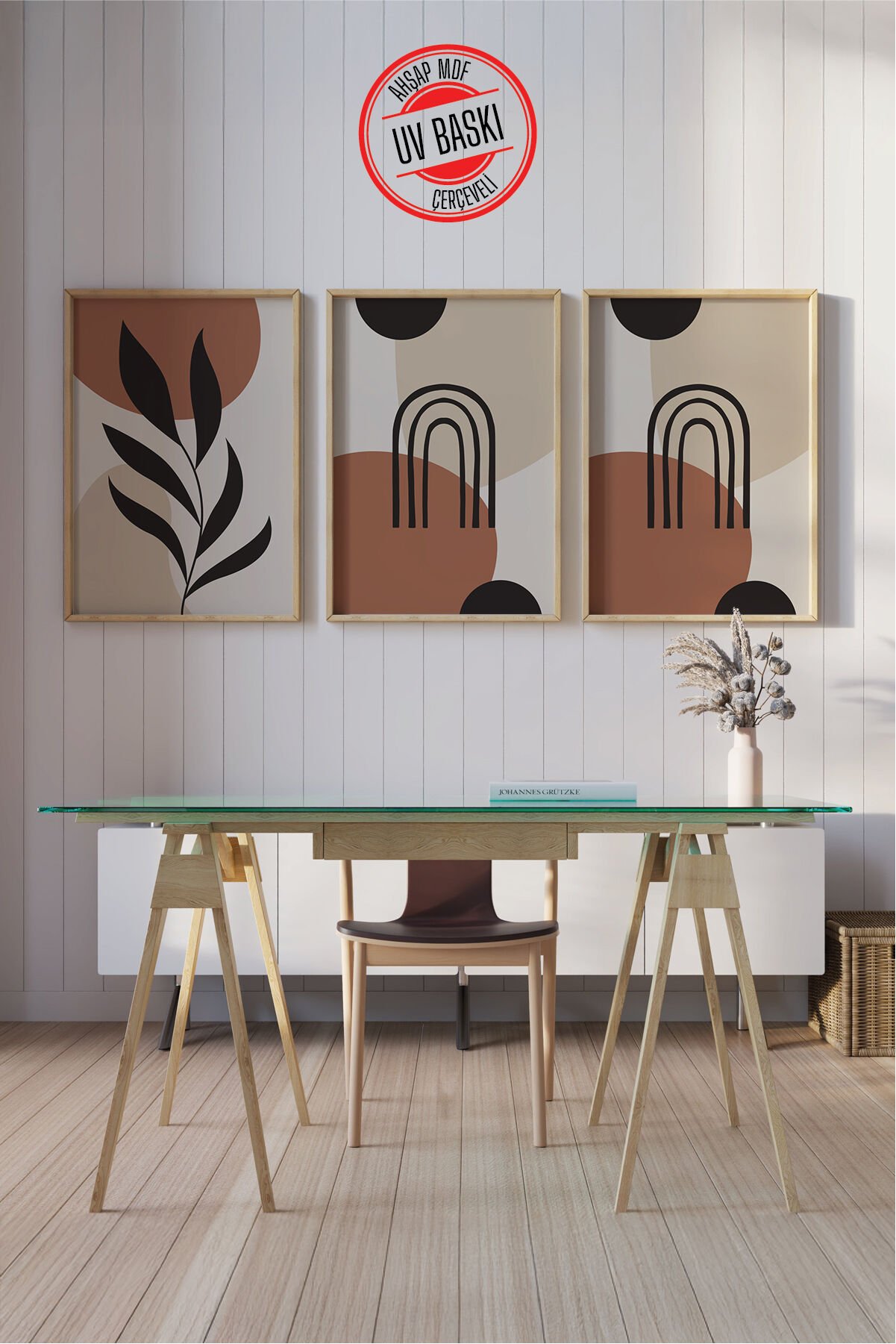 Dekoratif 3’lü  Ahşap Tablo Seti | UV Baskı Çerçeveli Duvar Tablosu V13 50x70 cm - Ahşap