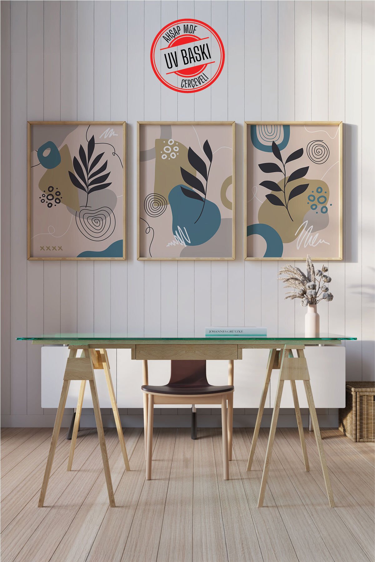 Dekoratif 3’lü  Ahşap Tablo Seti | UV Baskı Çerçeveli Duvar Tablosu V14 50x70 cm - Ahşap