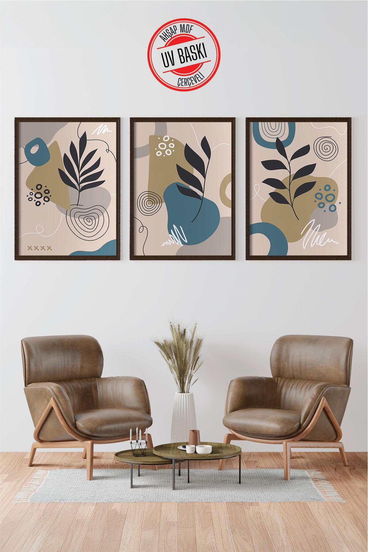 Dekoratif 3’lü  Ahşap Tablo Seti | UV Baskı Çerçeveli Duvar Tablosu V14 35x50 cm - Siyah
