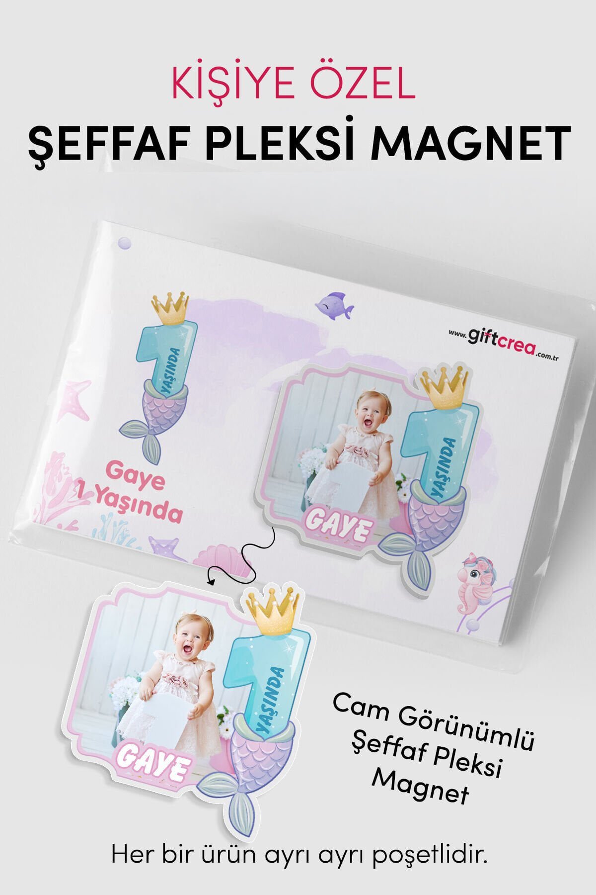 Kişiselleştirilebilir Doğum Gününe Özel Şeffaf Pleksi Magnet – Deniz Kızlı Magnet (Her Yaşa Özel)
