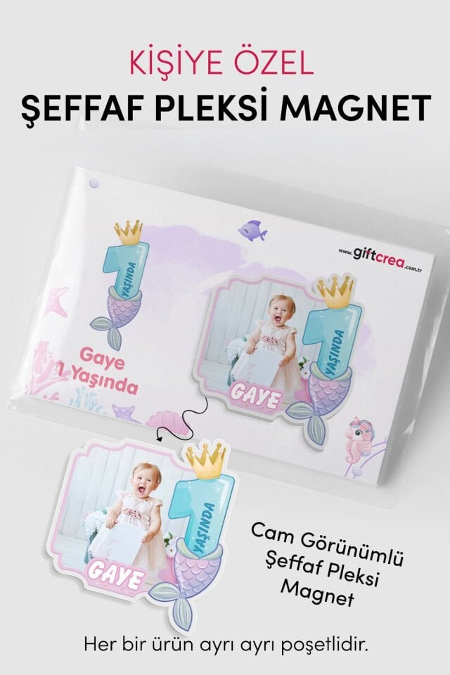 Kişiselleştirilebilir Doğum Gününe Özel Şeffaf Pleksi Magnet – Deniz Kızlı Magnet (Her Yaşa Özel)