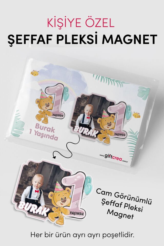 Kişiselleştirilebilir Doğum Gününe Özel Şeffaf Pleksi Magnet – Sevimli Ayıcık Model (Her Yaşa Özel)