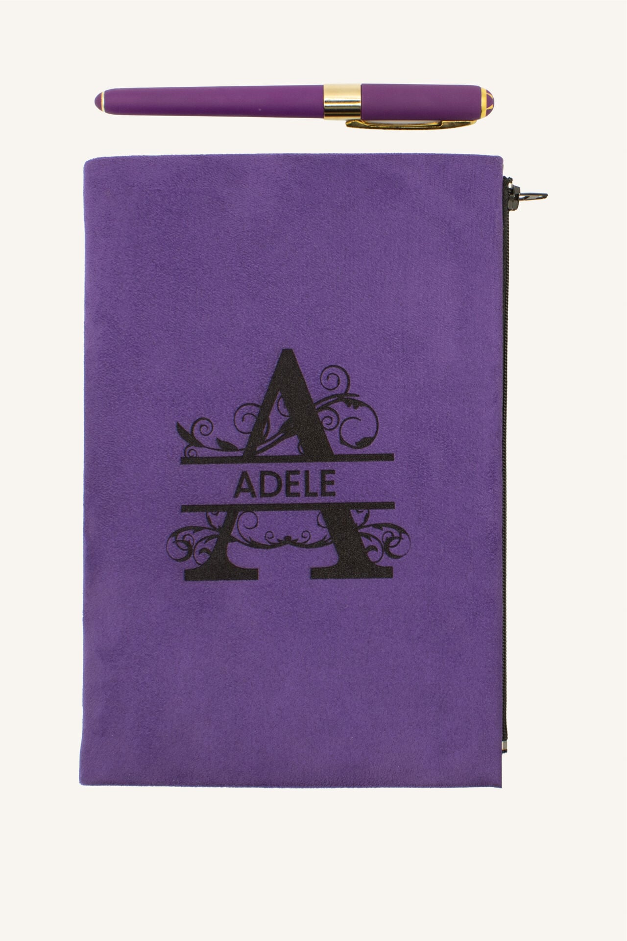 Kişiye Özel Süet Defter ve Kalem Seti - İsim Baskılı Kartlıklı Defter Seti
