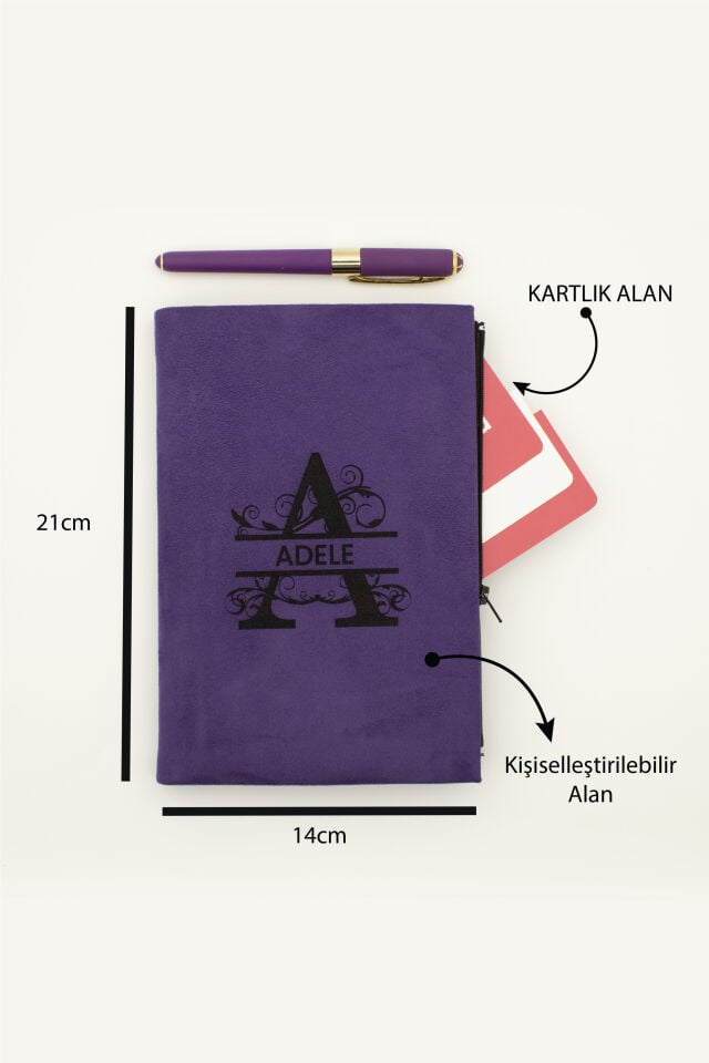 Kişiye Özel Süet Defter ve Kalem Seti - İsim Baskılı Kartlıklı Defter Seti
