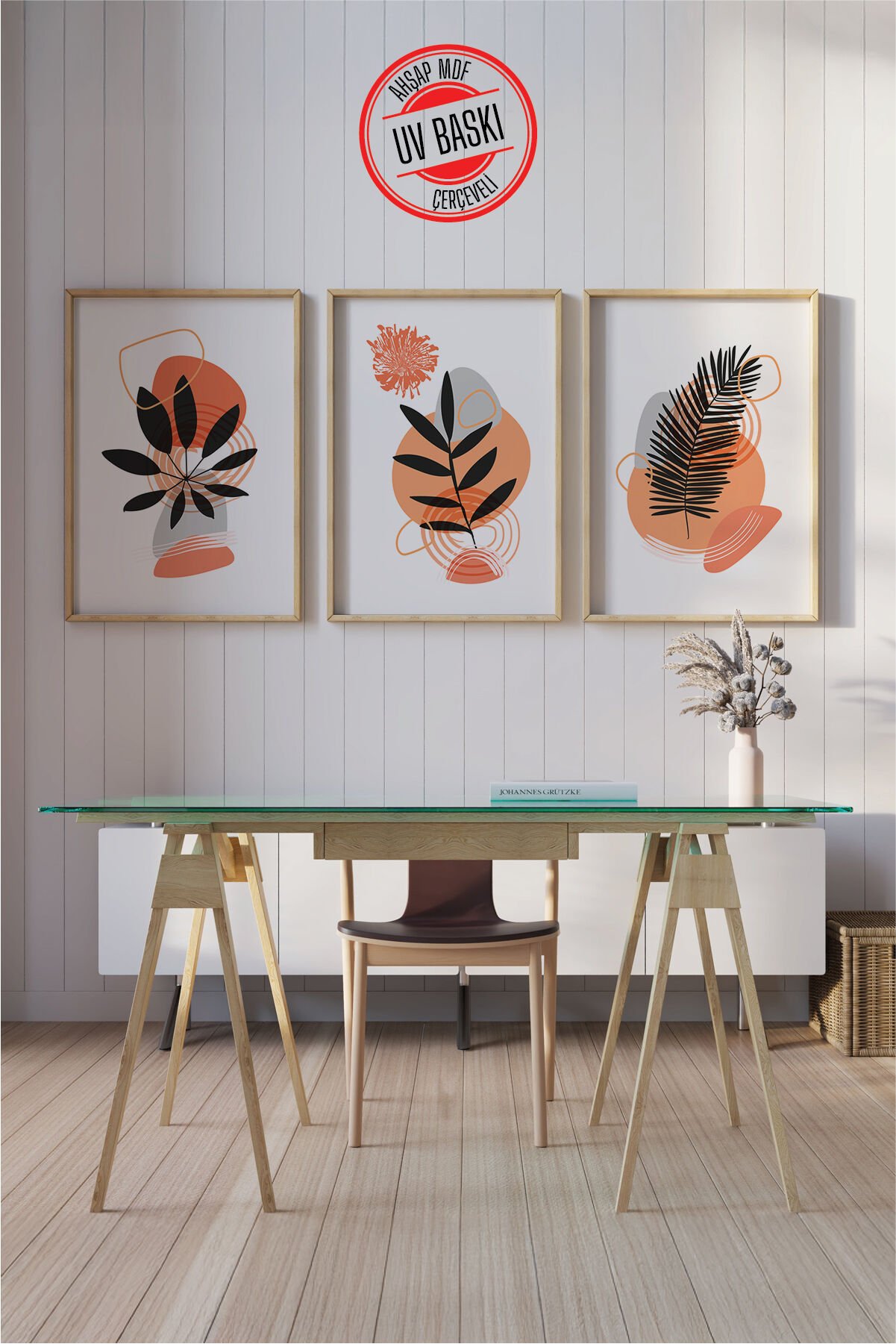 Dekoratif 3’lü  Ahşap Tablo Seti | UV Baskı Çerçeveli Duvar Tablosu V15 50x70 cm - Ahşap