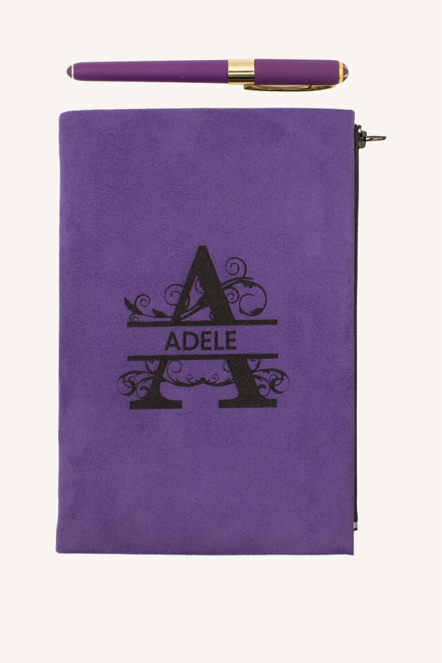 Kişiye Özel Süet Defter ve Kalem Seti - İsim Baskılı Kartlıklı Defter Seti Gri