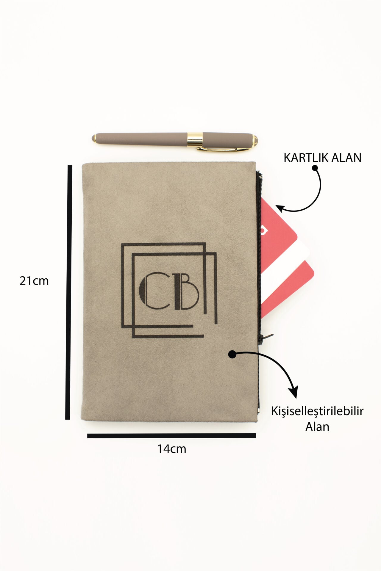 Kişiye Özel Süet Defter ve Kalem Seti - İsim Baskılı Kartlıklı Defter Seti Gri