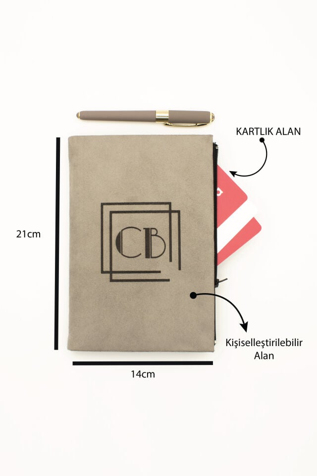 Kişiye Özel Süet Defter ve Kalem Seti - İsim Baskılı Kartlıklı Defter Seti Gri