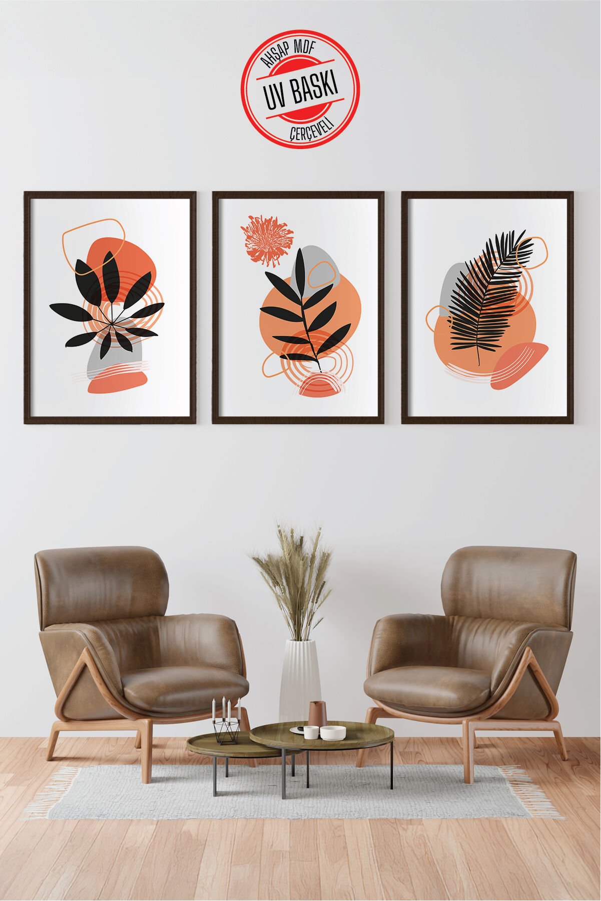 Dekoratif 3’lü  Ahşap Tablo Seti | UV Baskı Çerçeveli Duvar Tablosu V15 50x70 cm - Siyah