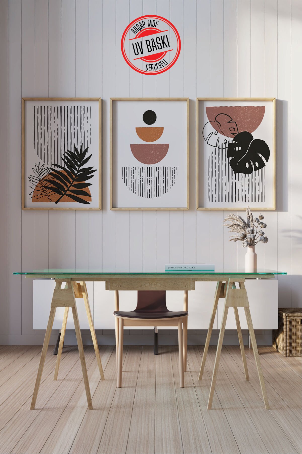Dekoratif 3’lü  Ahşap Tablo Seti | UV Baskı Çerçeveli Duvar Tablosu V16 50x70 cm - Ahşap