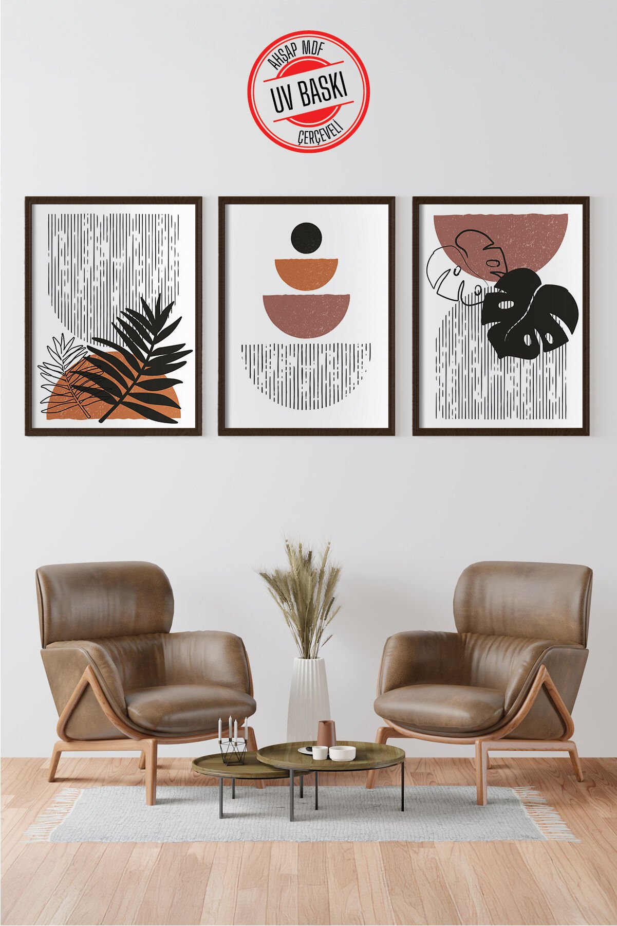 Dekoratif 3’lü  Ahşap Tablo Seti | UV Baskı Çerçeveli Duvar Tablosu V16 35x50 cm - Siyah