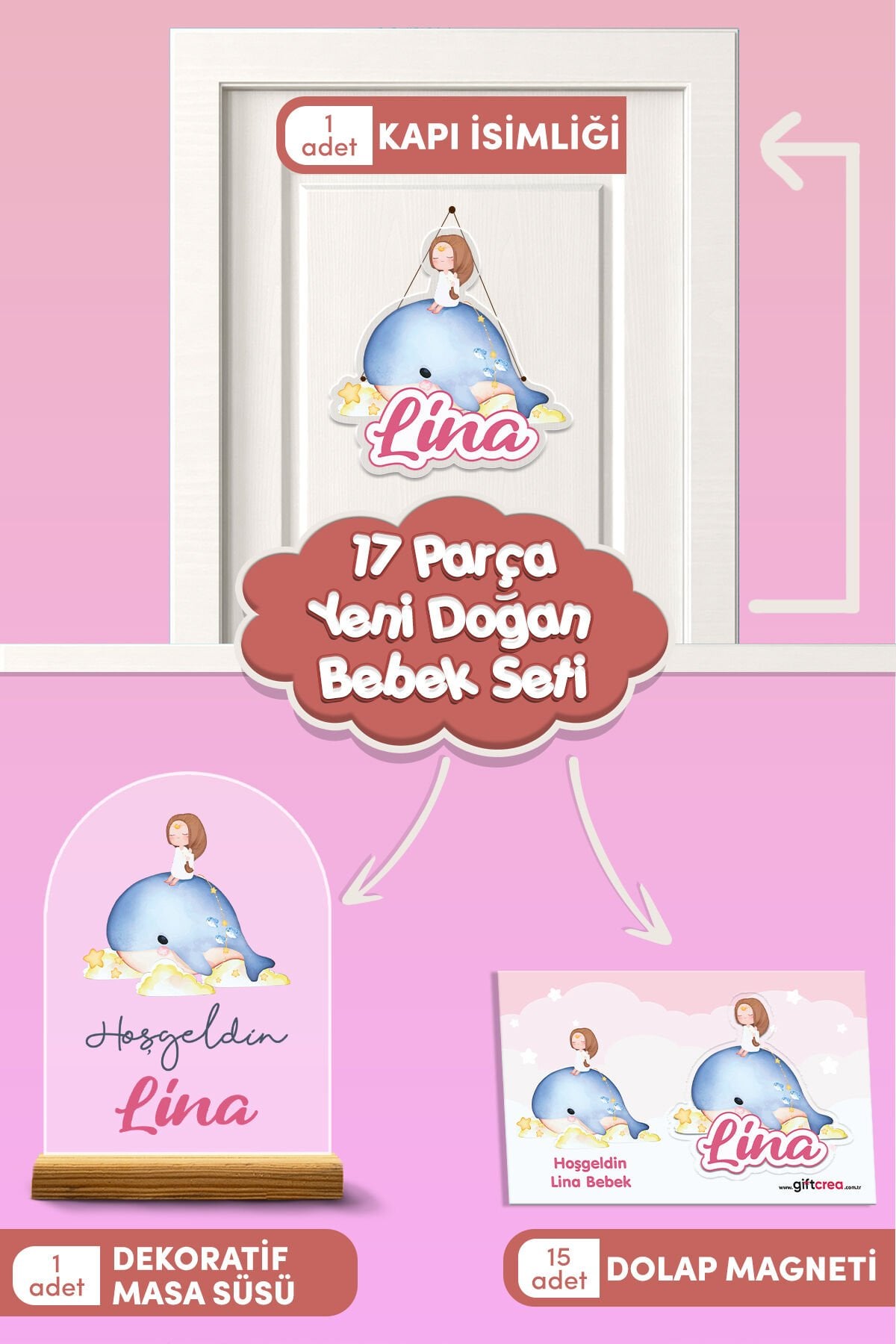 Kişiye Özel Balık Temalı 17 Parça Yenidoğan Bebek Seti - Kapı Süsü, Masa Süsü, Dolap Magneti