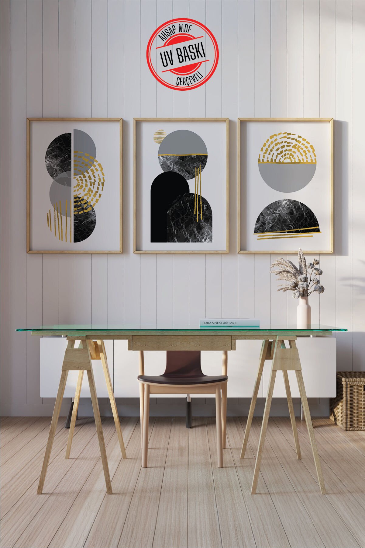 Dekoratif 3’lü  Ahşap Tablo Seti | UV Baskı Çerçeveli Duvar Tablosu V17 50x70 cm - Ahşap