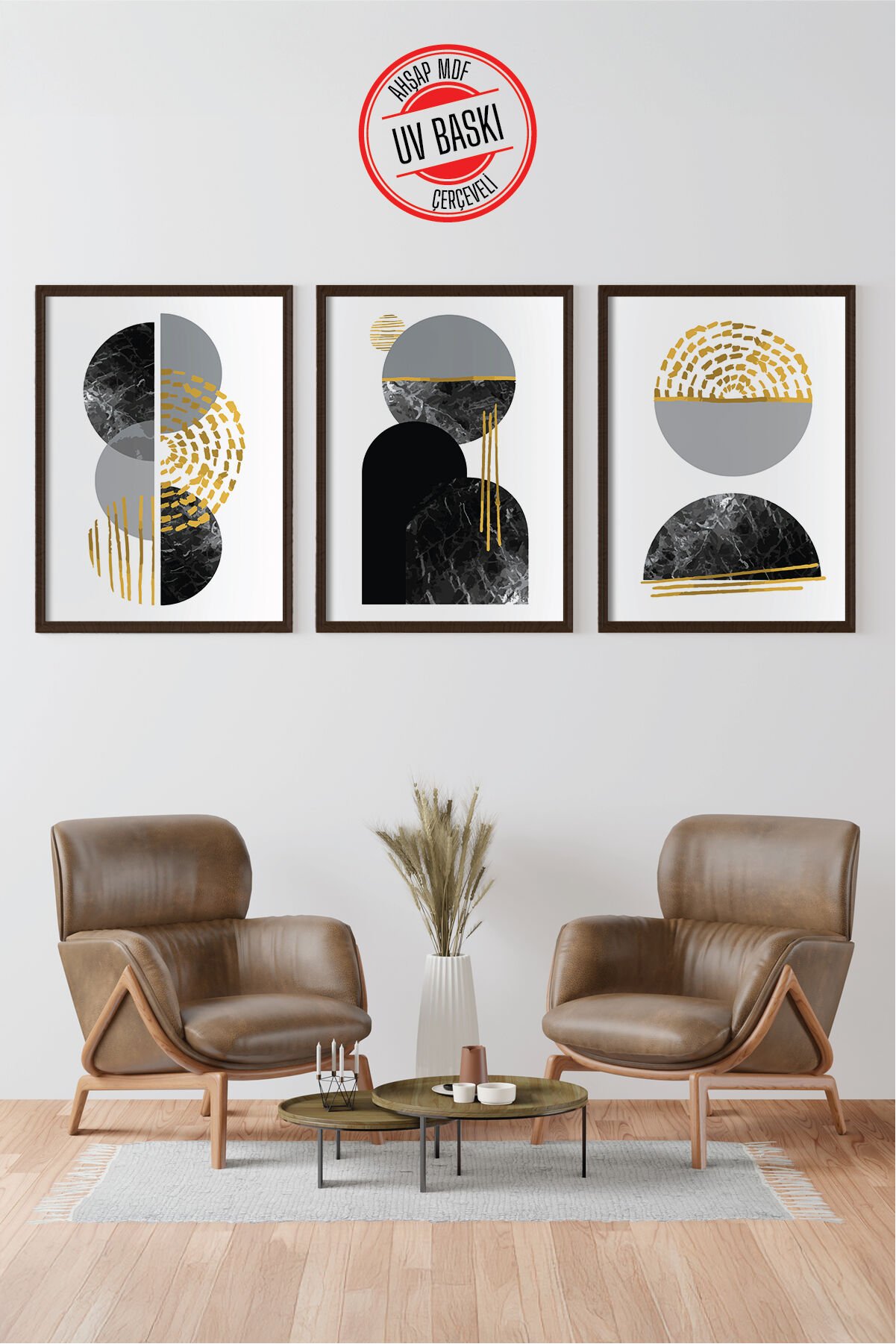 Dekoratif 3’lü  Ahşap Tablo Seti | UV Baskı Çerçeveli Duvar Tablosu V17 50x70 cm - Siyah
