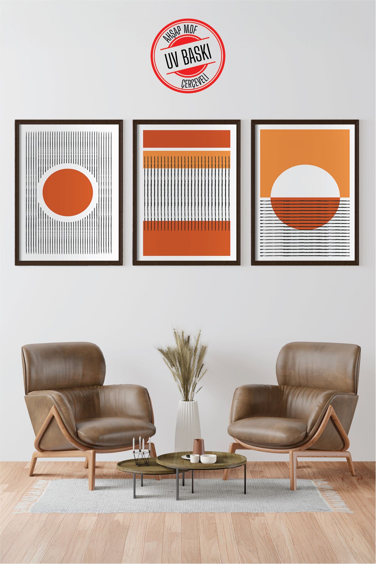 Dekoratif 3’lü  Ahşap Tablo Seti | UV Baskı Çerçeveli Duvar Tablosu V18 50x70 cm - Siyah