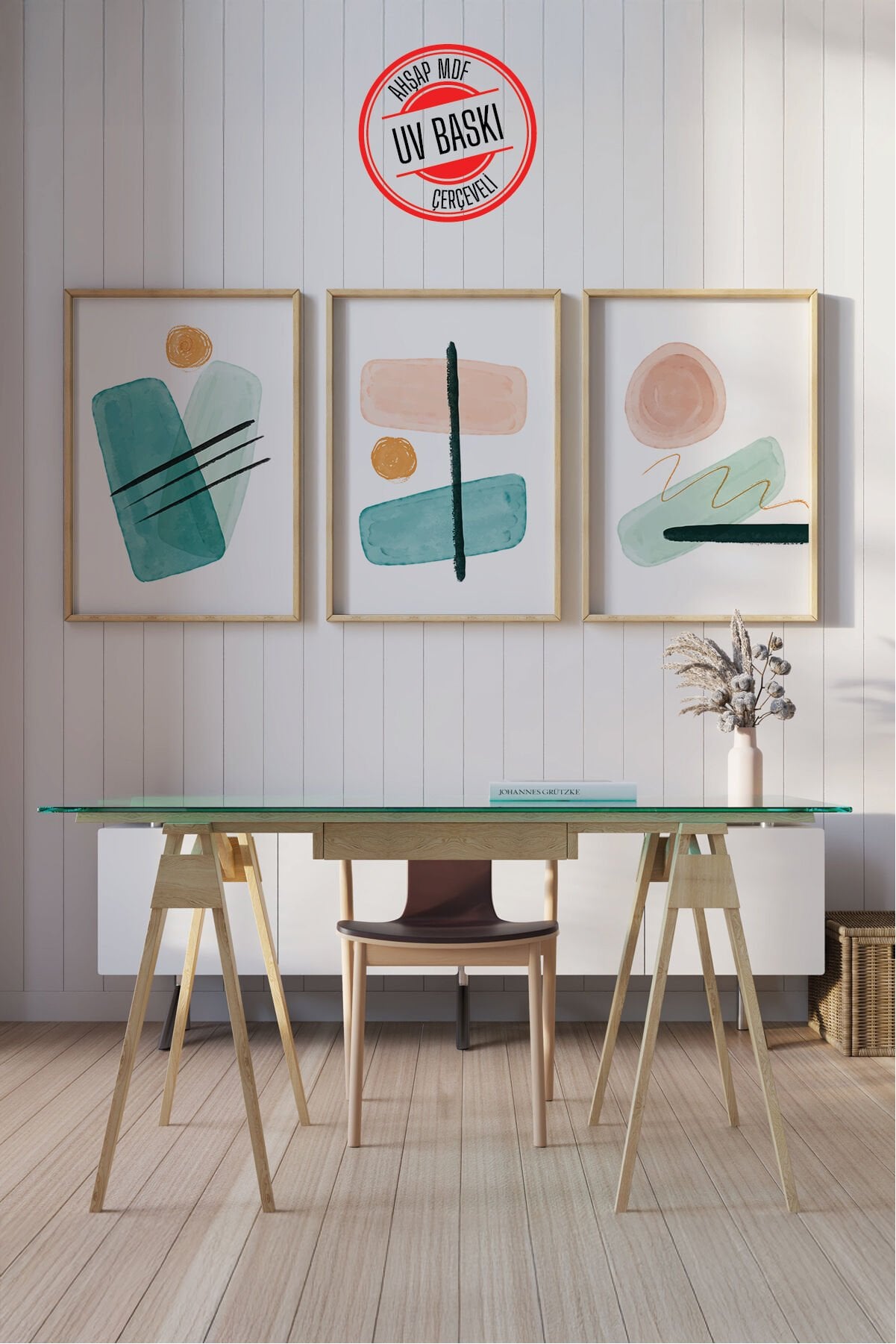 Dekoratif 3’lü  Ahşap Tablo Seti | UV Baskı Çerçeveli Duvar Tablosu V20 50x70 cm - Ahşap