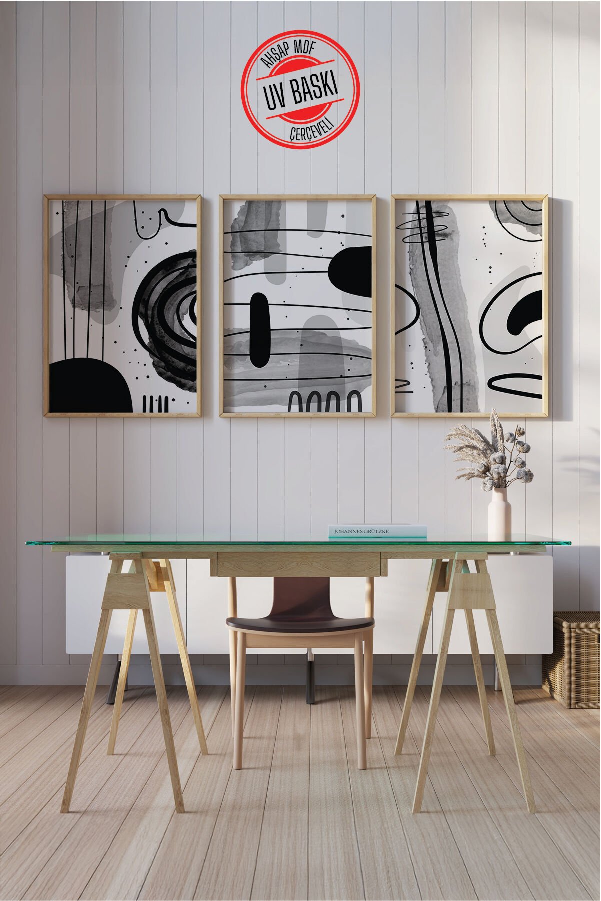 Dekoratif 3’lü  Ahşap Tablo Seti | UV Baskı Çerçeveli Duvar Tablosu V21 35x50 cm - Ahşap