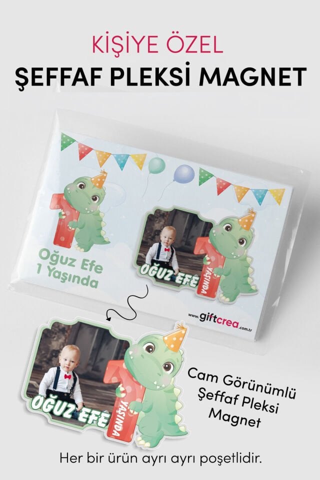 Kişiye Özel Şeffaf Pleksi Magnet – Dinozor Temalı Doğum Günü Hatırası (Her Yaşa Özel)