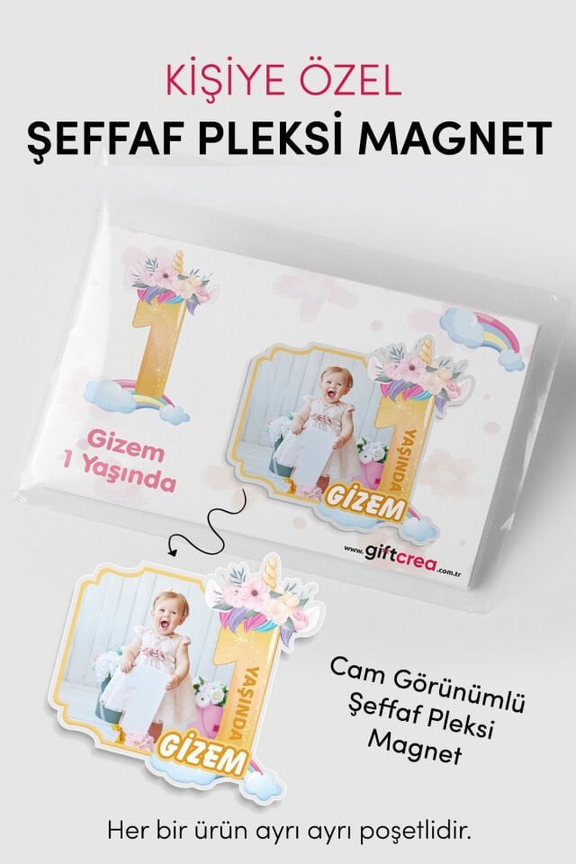 Kişiye Özel Şeffaf Pleksi Magnet – Unicorn Temalı Doğum Günü Hatırası Magnet (Her Yaşa Özel)