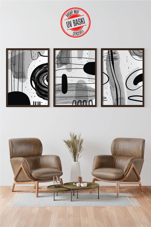 Dekoratif 3’lü  Ahşap Tablo Seti | UV Baskı Çerçeveli Duvar Tablosu V21 35x50 cm - Siyah