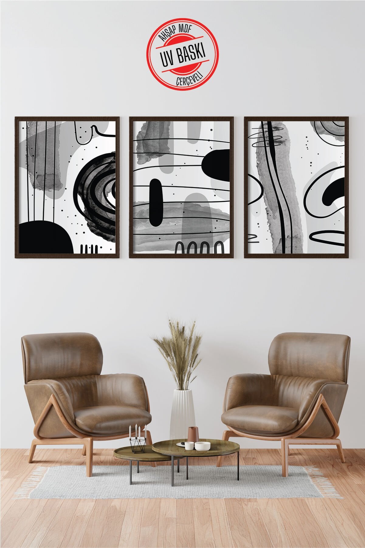Dekoratif 3’lü  Ahşap Tablo Seti | UV Baskı Çerçeveli Duvar Tablosu V21 50x70 cm - Siyah