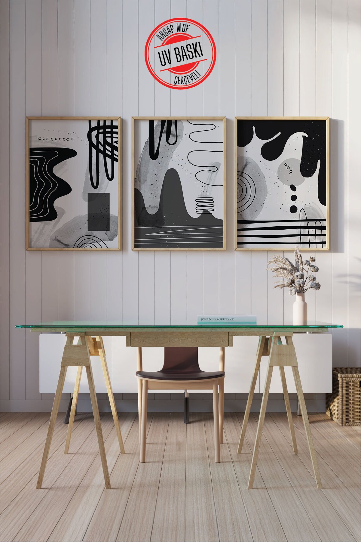 Dekoratif 3’lü  Ahşap Tablo Seti | UV Baskı Çerçeveli Duvar Tablosu V22 50x70 cm - Ahşap
