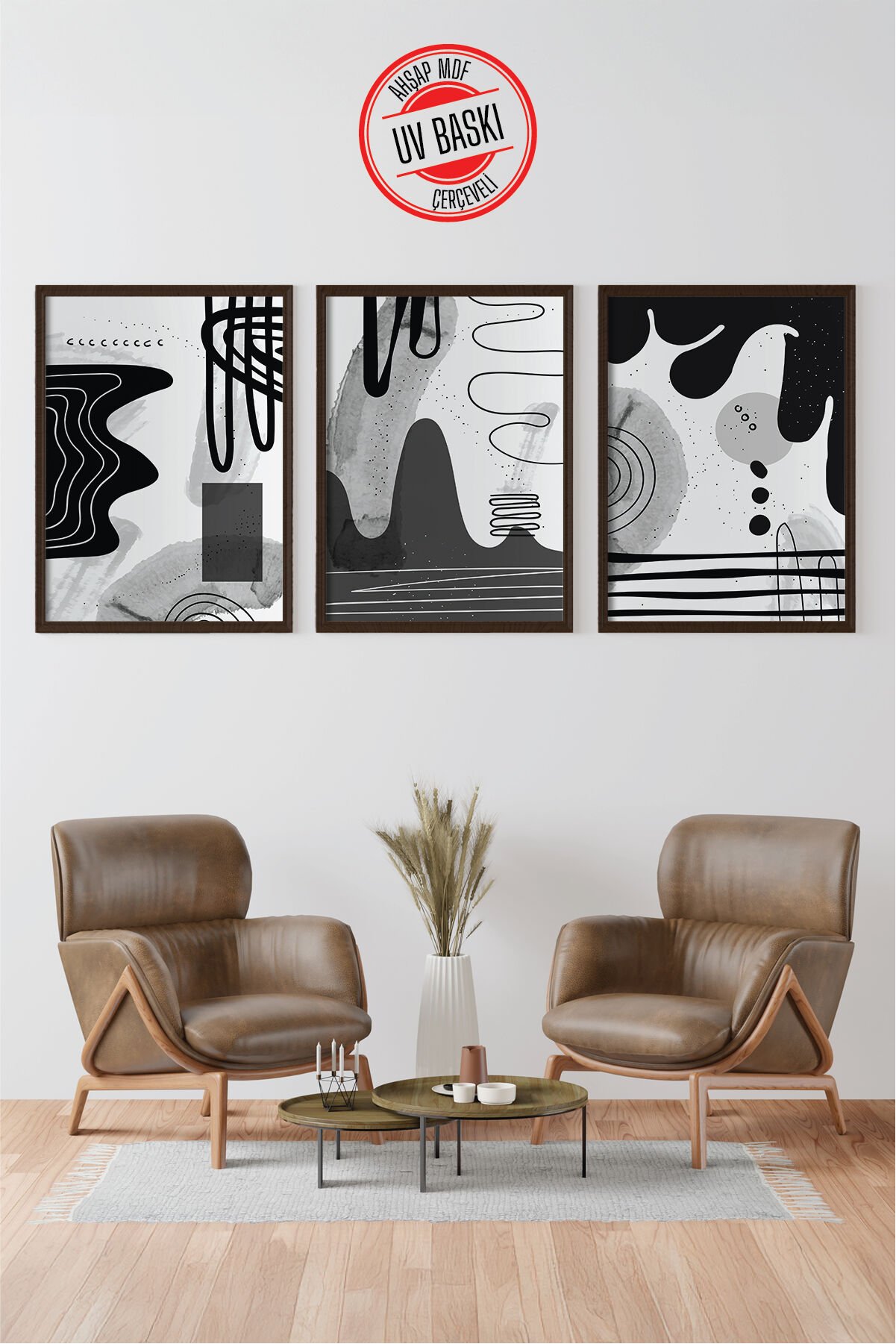 Dekoratif 3’lü  Ahşap Tablo Seti | UV Baskı Çerçeveli Duvar Tablosu V22 50x70 cm - Siyah