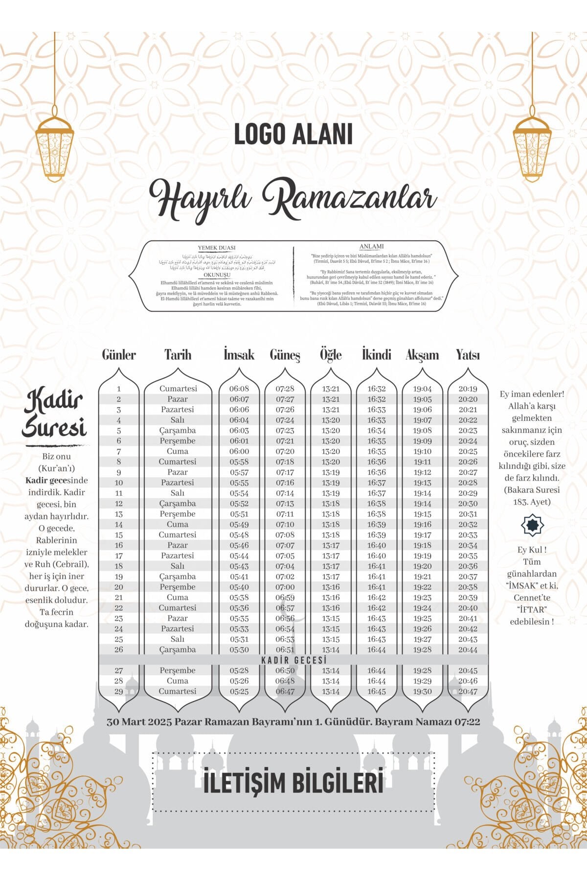 Kurumsal Firmalara Özel Ramazan İmsakiyesi 2026 Kişiselleştirilebilir Dijital Baskılı İmsakiye