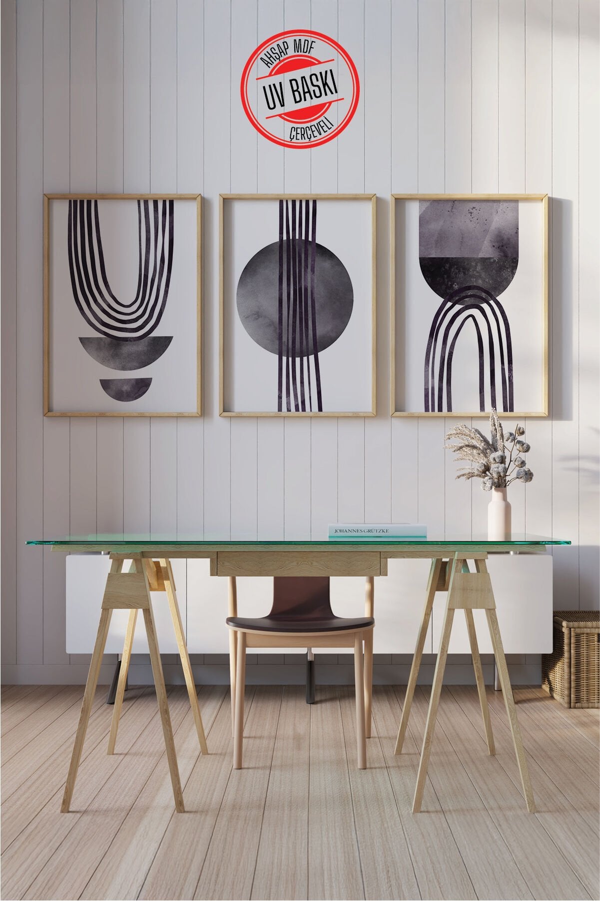 Dekoratif 3’lü  Ahşap Tablo Seti | UV Baskı Çerçeveli Duvar Tablosu V23 50x70 cm - Ahşap