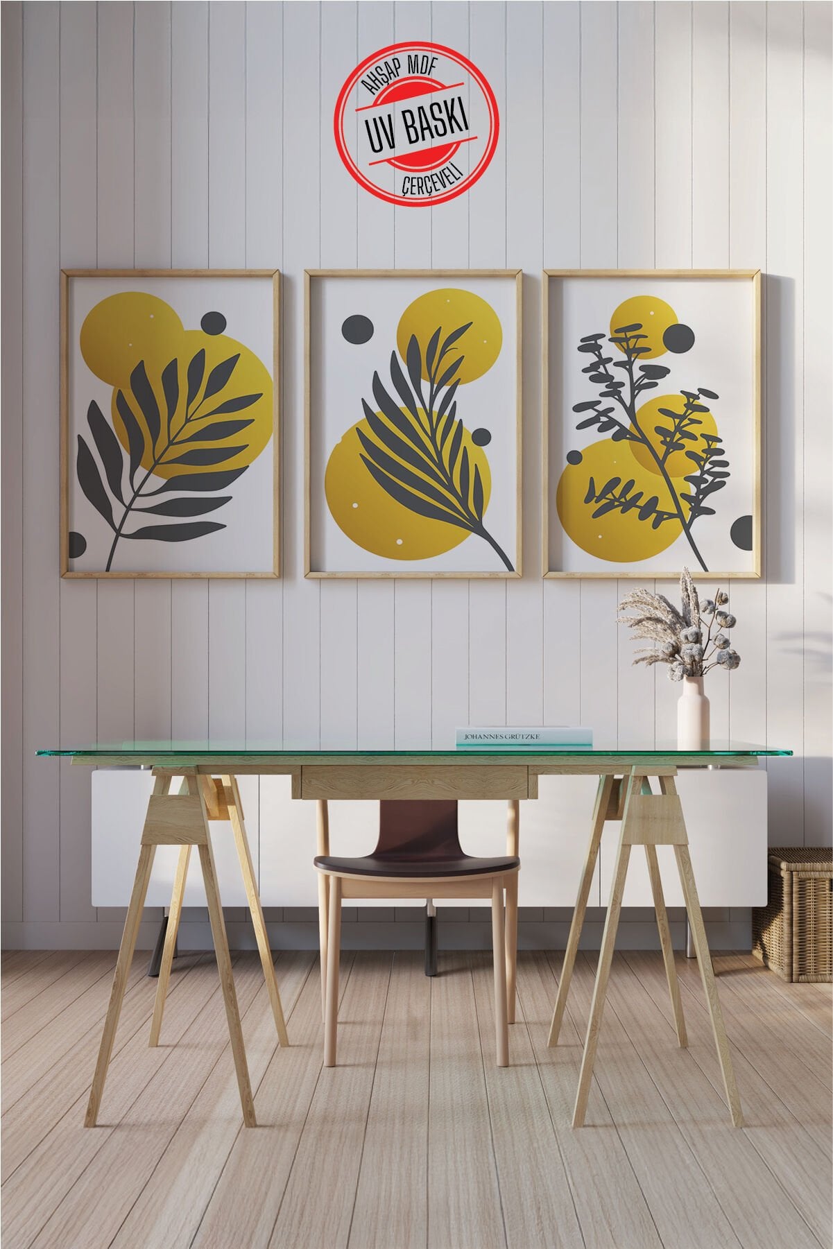 Dekoratif 3’lü  Ahşap Tablo Seti | UV Baskı Çerçeveli Duvar Tablosu V24 50x70 cm - Ahşap