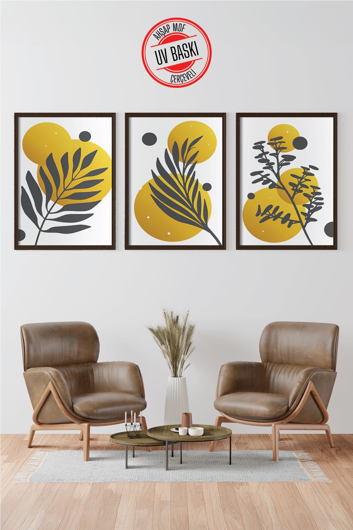 Dekoratif 3’lü  Ahşap Tablo Seti | UV Baskı Çerçeveli Duvar Tablosu V24 35x50 cm - Siyah