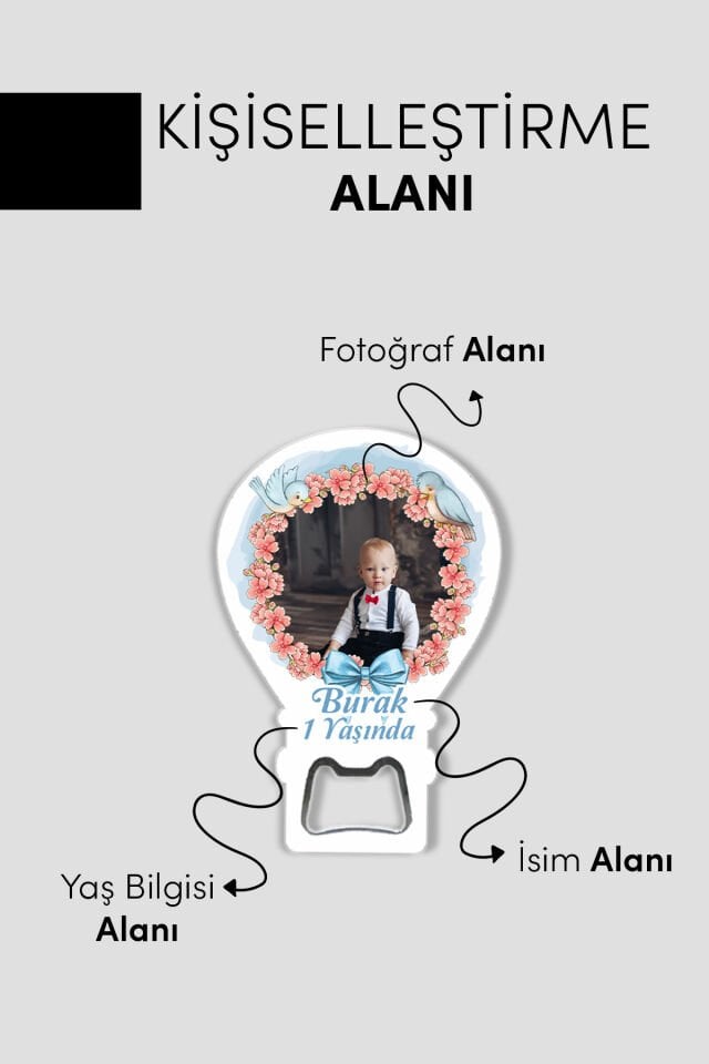 Özelleştirilebilir Fotoğraf Baskılı ve Açacaklı Balon Magnet – Yeni Doğan ,6 Ay,1 yaş Bebek Hediyesi