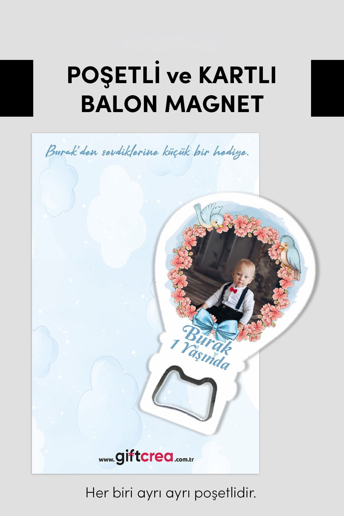 Özelleştirilebilir Fotoğraf Baskılı ve Açacaklı Balon Magnet – Yeni Doğan ,6 Ay,1 yaş Bebek Hediyesi