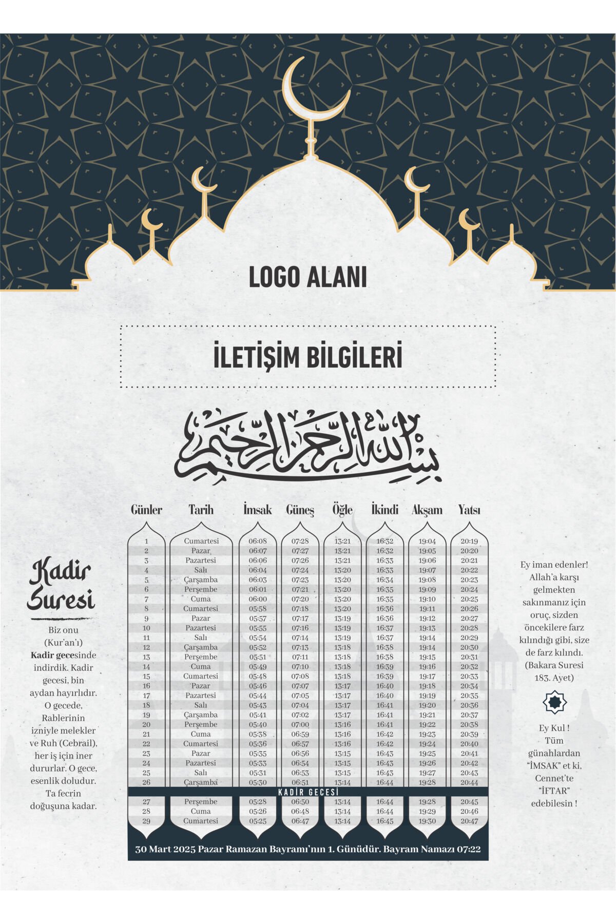Ramazan İmsakiyesi 2026, Kişiselleştirilebilir Kurumsal İmsakiye Dijital Baskılı