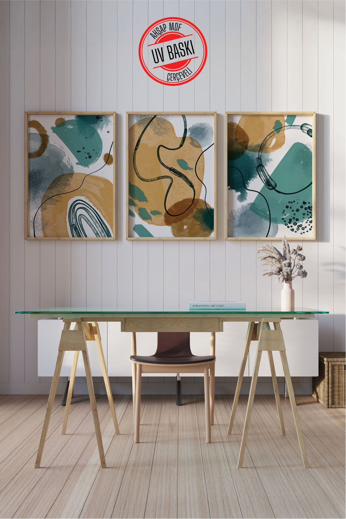 Dekoratif 3’lü Ahşap Tablo Seti | UV Baskı Çerçeveli Duvar Tablosu V25 50x70 cm - Ahşap