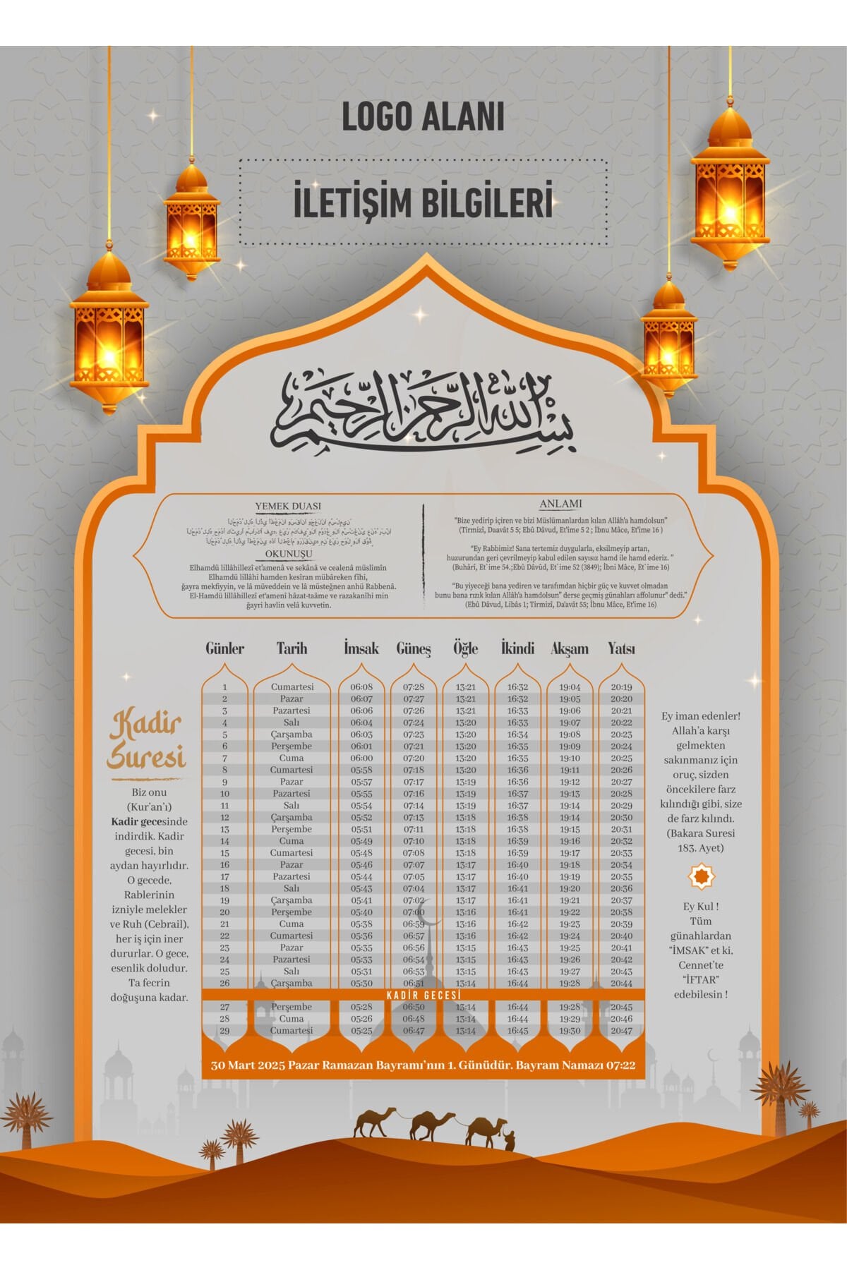 Ramazan İmsakiyesi 2026, Özelleştirilebilir Kurumsal İmsakiye - Dijital Baskılı İmsakiye
