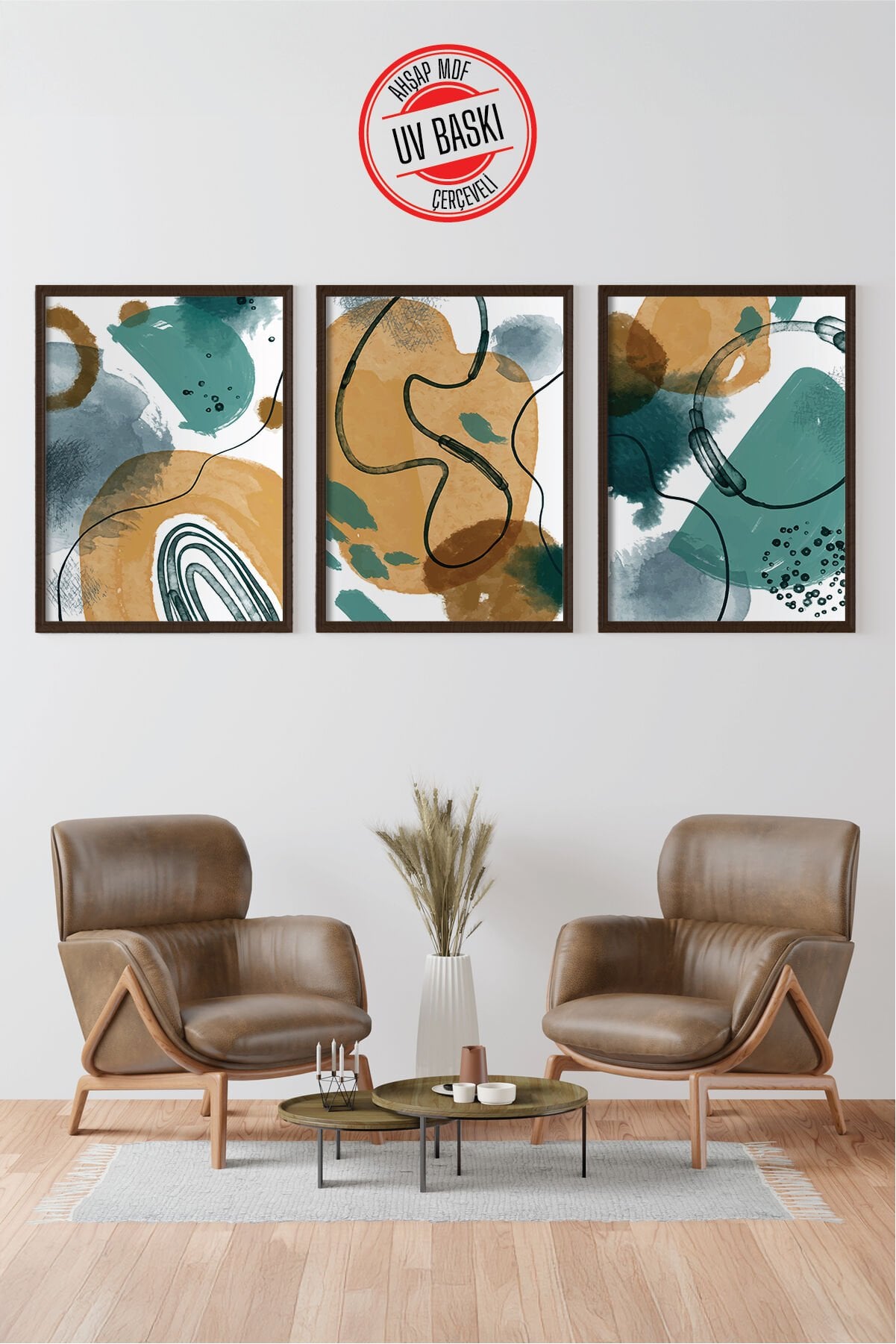 Dekoratif 3’lü Ahşap Tablo Seti | UV Baskı Çerçeveli Duvar Tablosu V25 35x50 cm - Siyah