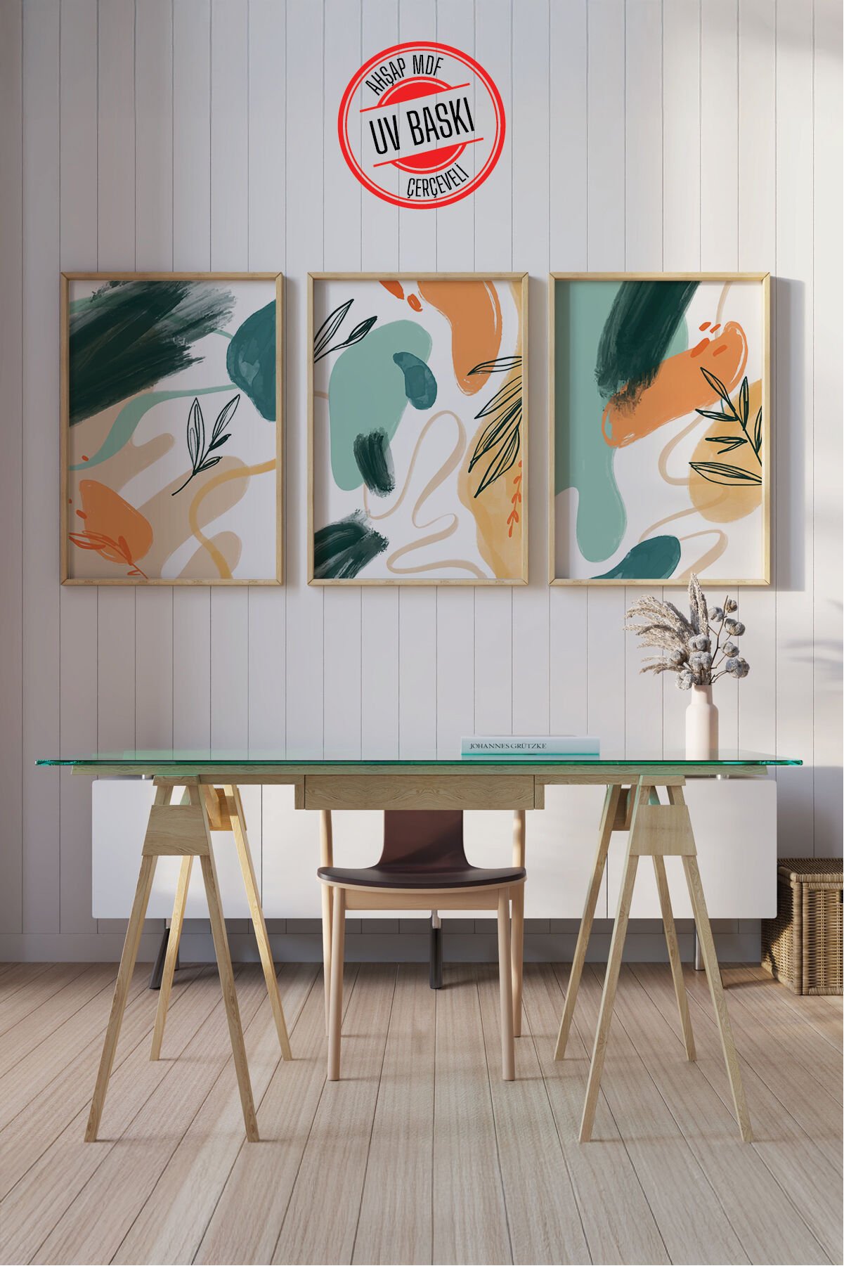 Dekoratif 3’lü Ahşap Tablo Seti | UV Baskı Çerçeveli Duvar Tablosu V26 50x70 cm - Ahşap