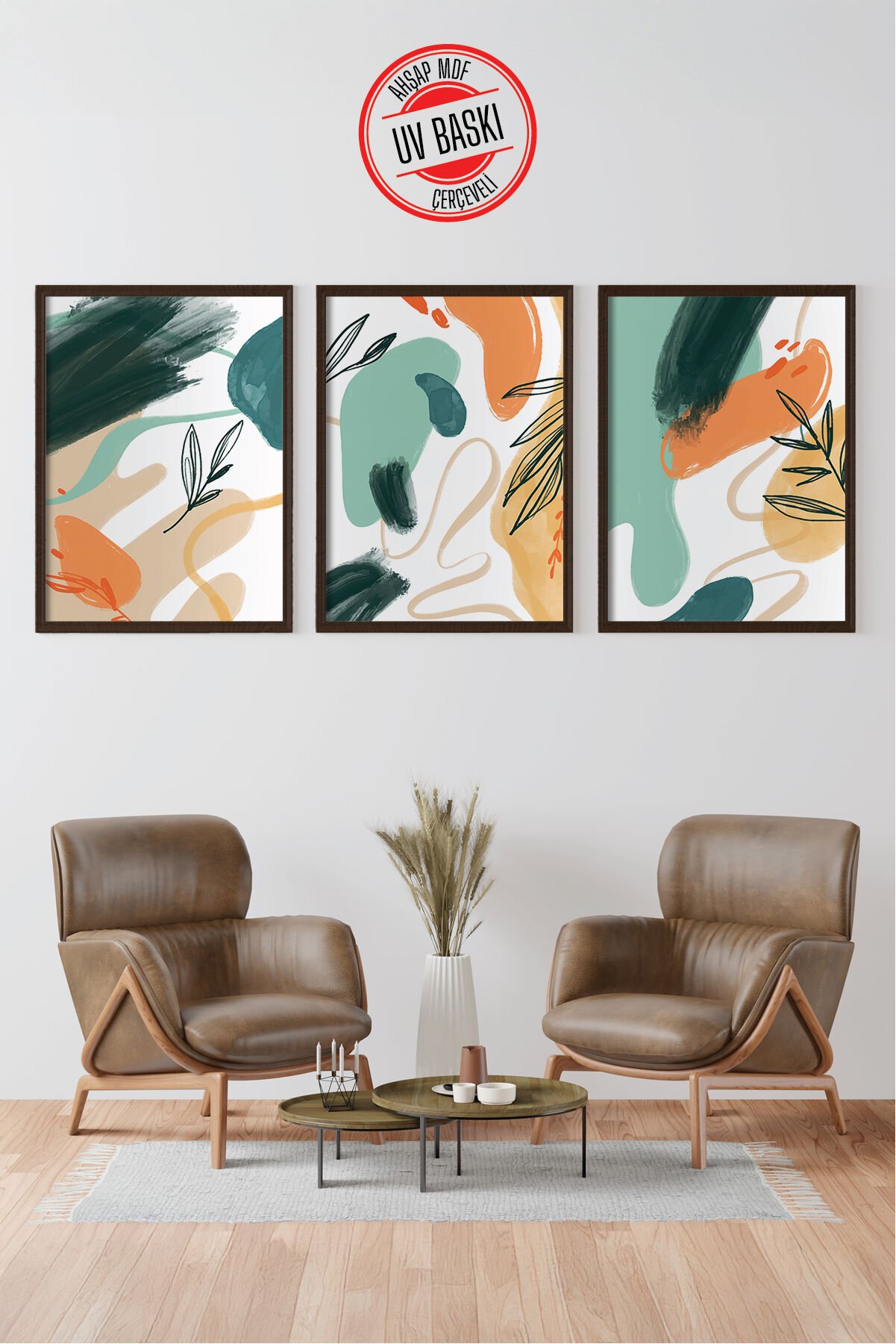 Dekoratif 3’lü Ahşap Tablo Seti | UV Baskı Çerçeveli Duvar Tablosu V26 50x70 cm - Siyah