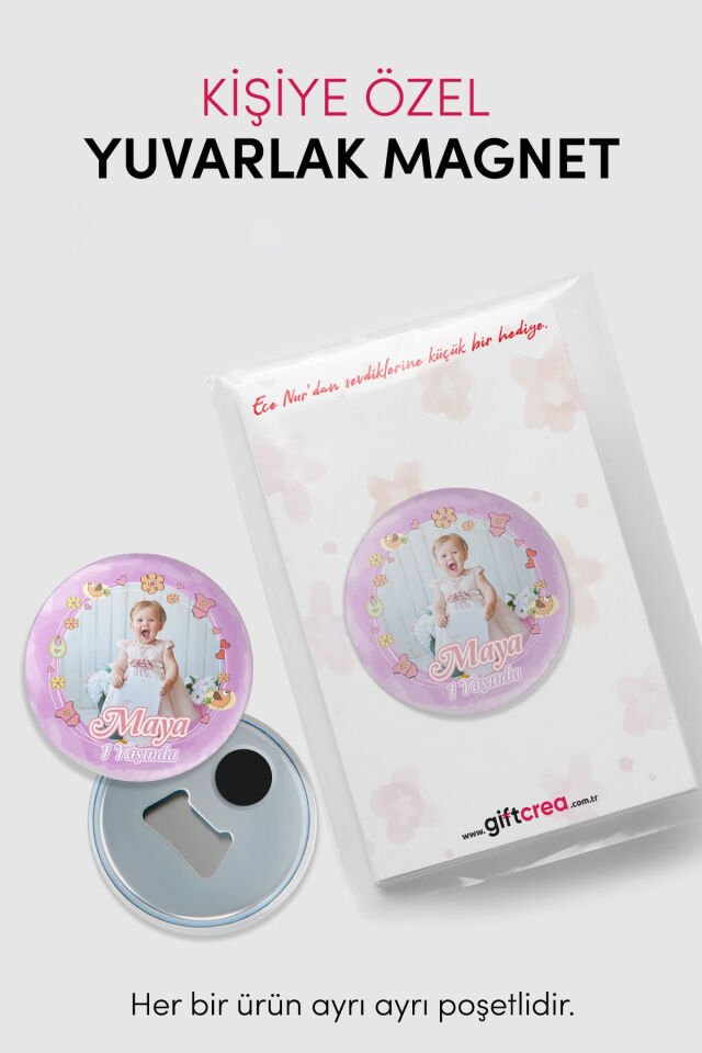 Yeni Doğan Kız Bebek İçin Hoş Geldin Magnet Yuvarlak Açacaklı Fotoğraf Baskılı