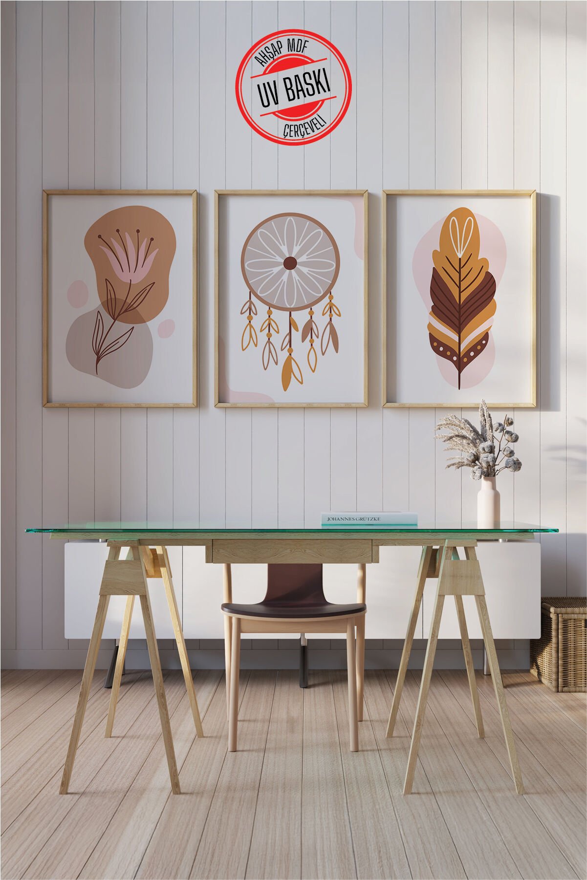 Dekoratif 3’lü Ahşap Tablo Seti | UV Baskı Çerçeveli Duvar Tablosu V27 50x70 cm - Ahşap