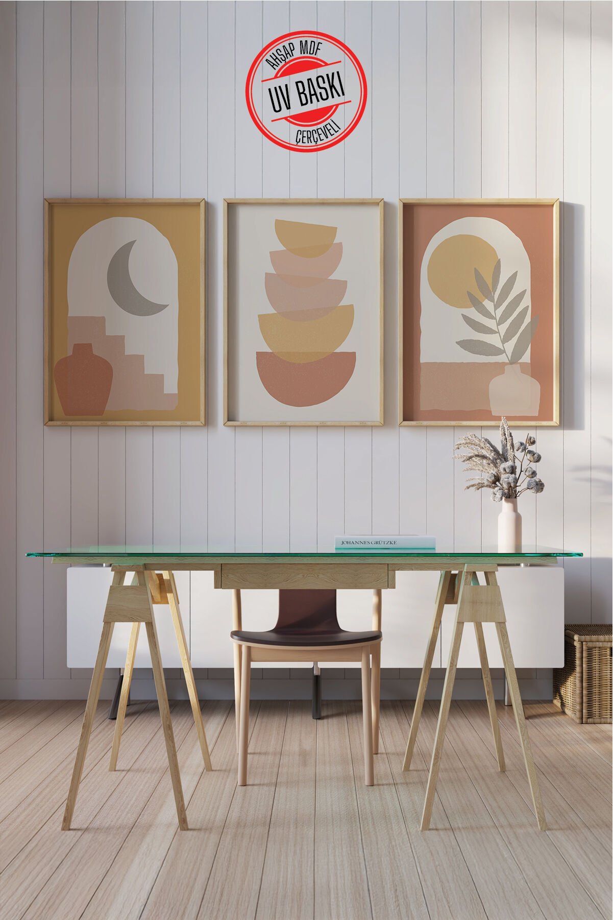 Dekoratif 3’lü Ahşap Tablo Seti | UV Baskı Çerçeveli Duvar Tablosu V28 35x50 cm - Ahşap