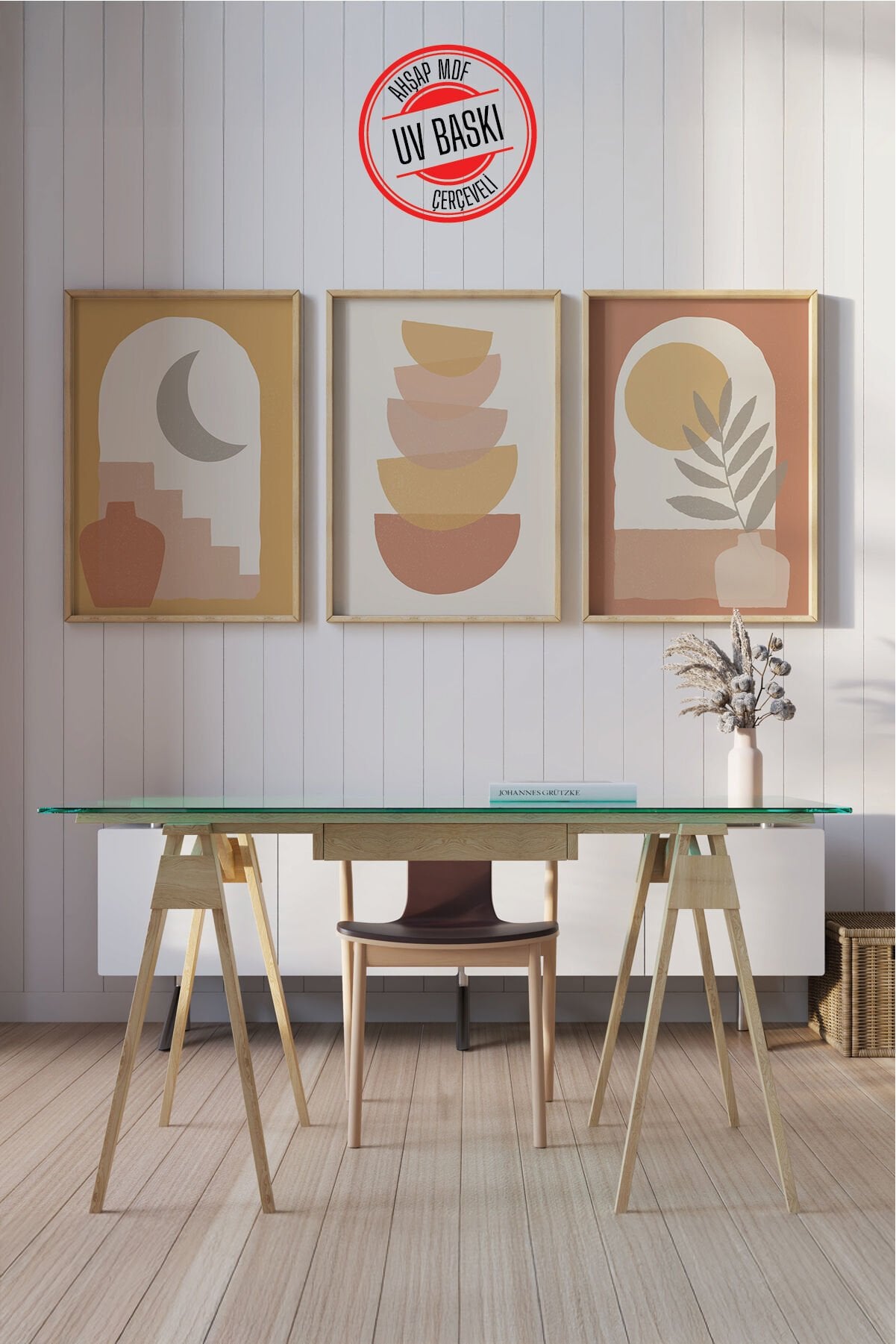 Dekoratif 3’lü Ahşap Tablo Seti | UV Baskı Çerçeveli Duvar Tablosu V28 50x70 cm - Ahşap