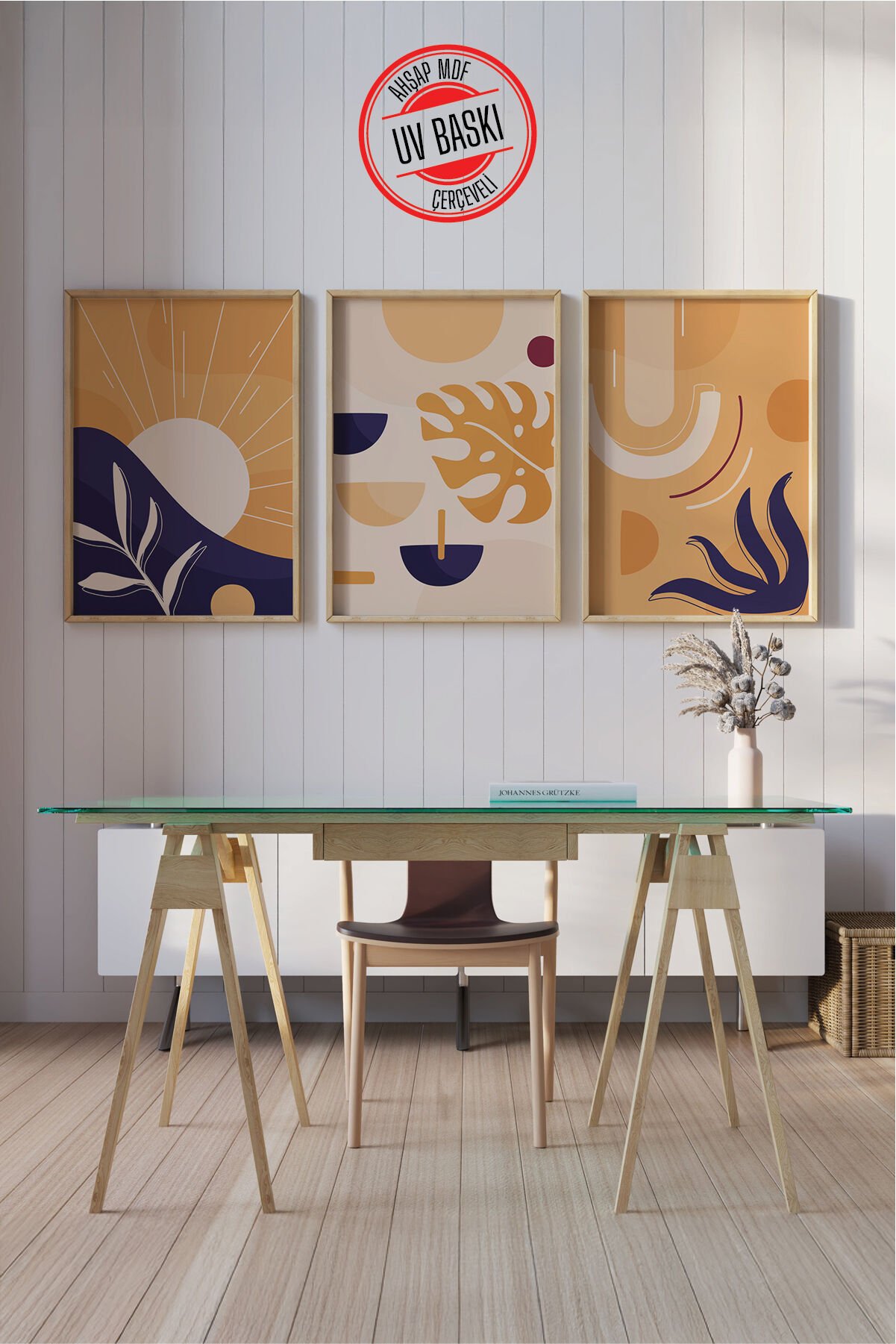 Dekoratif 3’lü Ahşap Tablo Seti | UV Baskı Çerçeveli Duvar Tablosu V29 50x70 cm - Ahşap