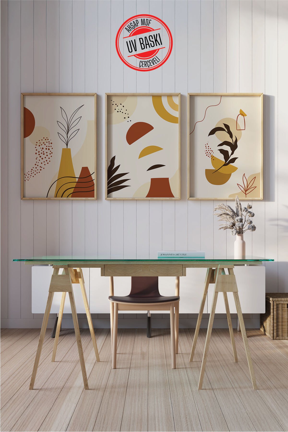 Dekoratif 3’lü Ahşap Tablo Seti | UV Baskı Çerçeveli Duvar Tablosu V30 50x70 cm - Ahşap
