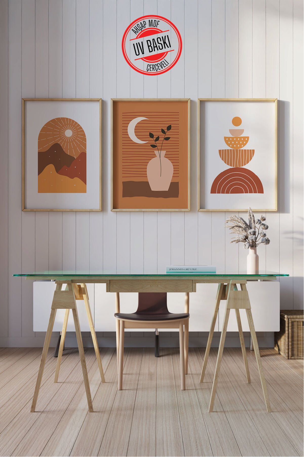 Dekoratif 3’lü Ahşap Tablo Seti | UV Baskı Çerçeveli Duvar Tablosu V31 50x70 cm - Ahşap