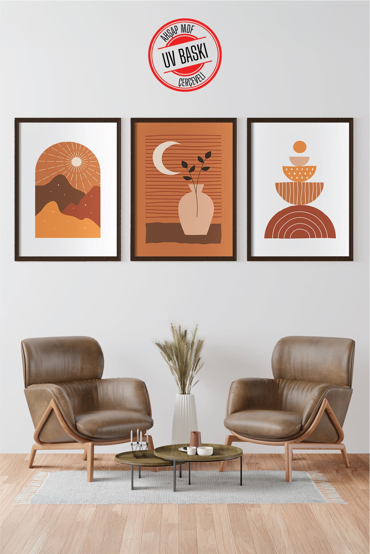 Dekoratif 3’lü Ahşap Tablo Seti | UV Baskı Çerçeveli Duvar Tablosu V31 35x50 cm - Siyah