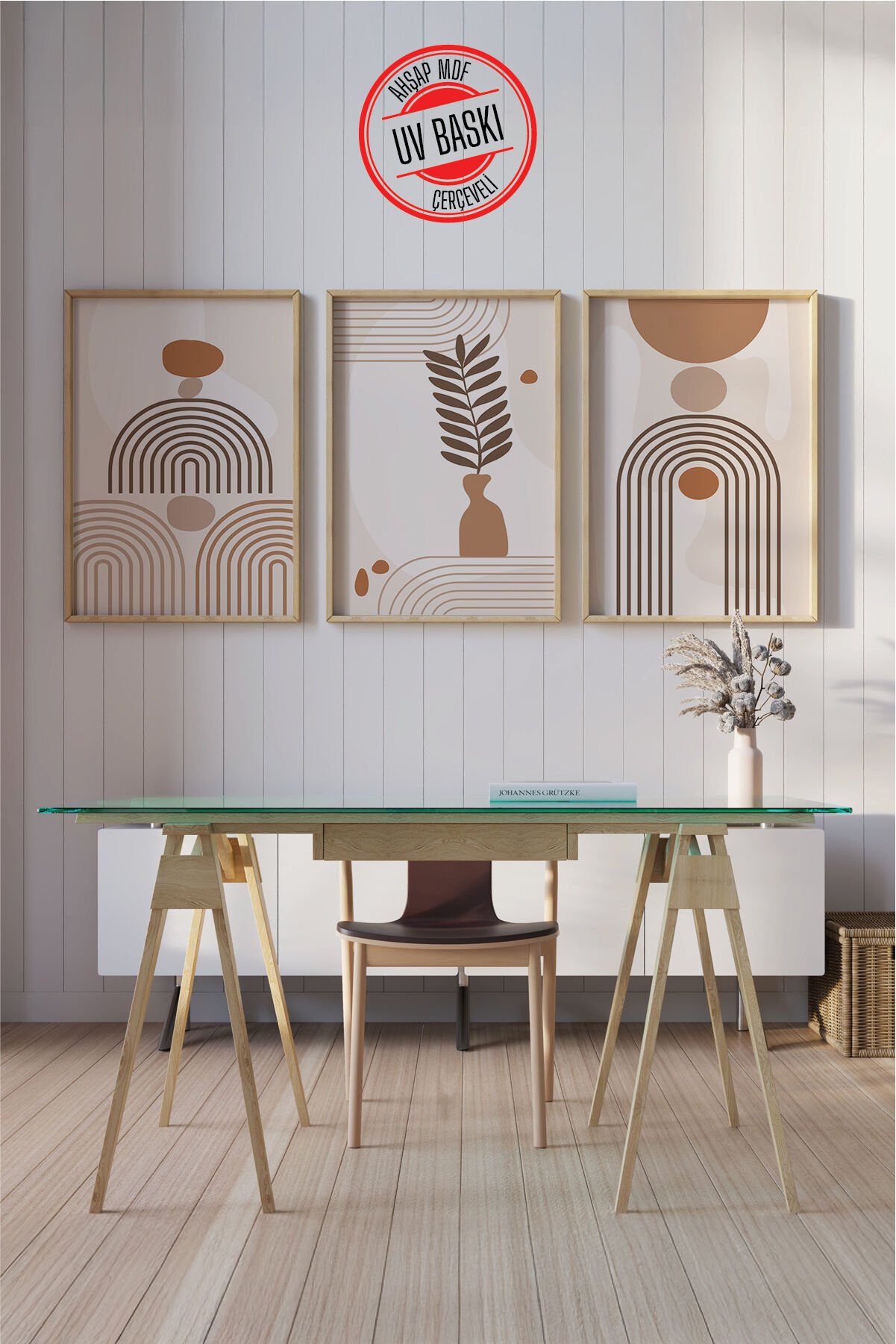 Dekoratif 3’lü Ahşap Tablo Seti | UV Baskı Çerçeveli Duvar Tablosu V32 50x70 cm - Ahşap